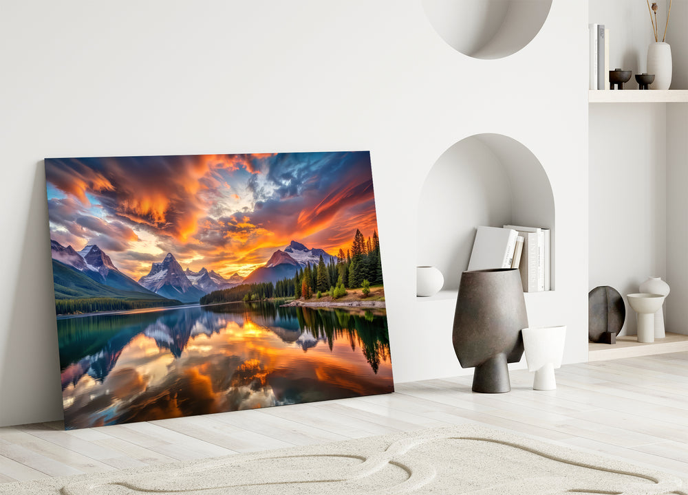 Fiery Clouds Over Snowy Peaks Lake Glass Wall Art