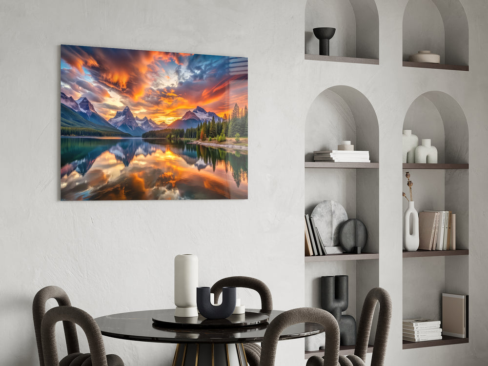 Fiery Clouds Over Snowy Peaks Lake Glass Wall Art