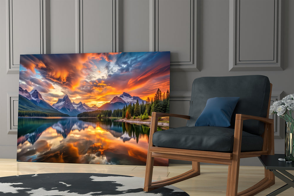 Fiery Clouds Over Snowy Peaks Lake Glass Wall Art