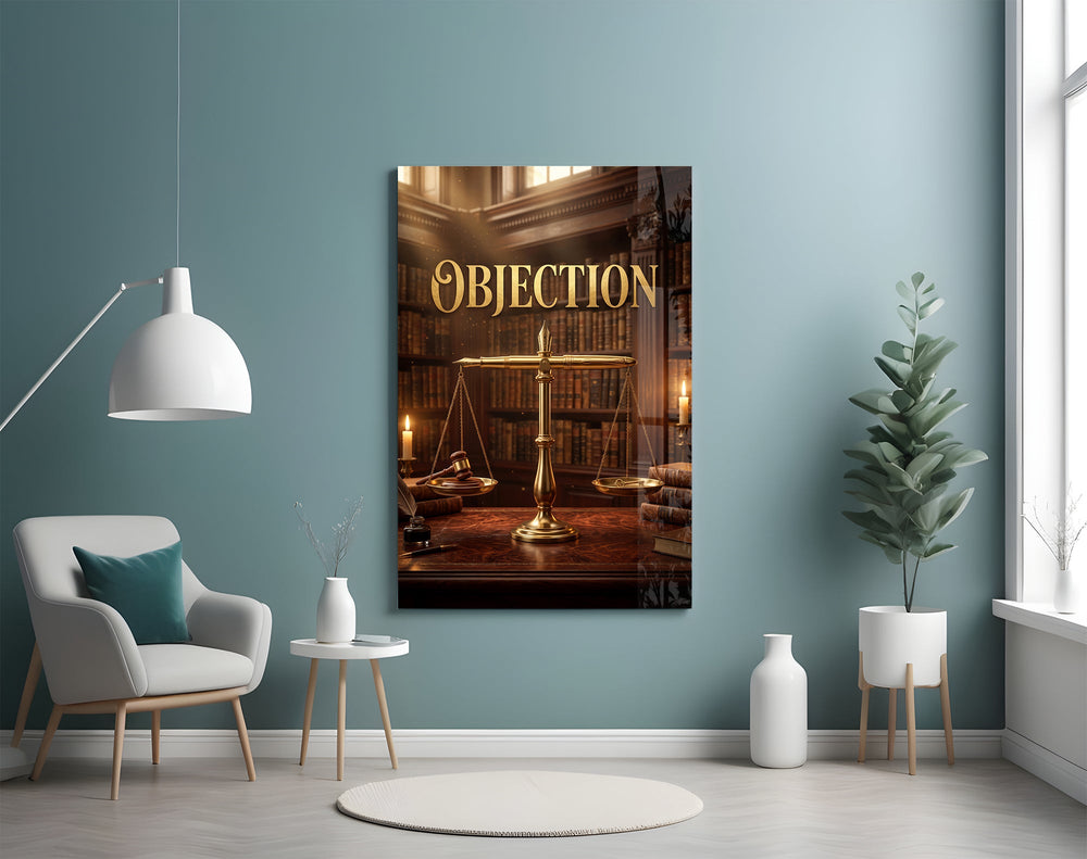 Objection glass wall art styled above an armchair in a teal reading corner