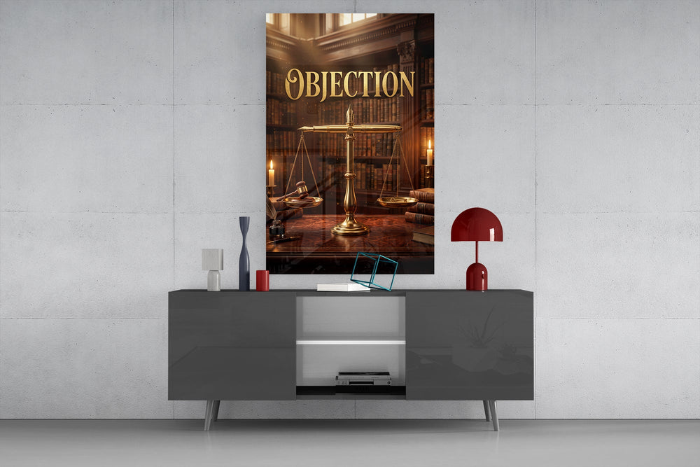 Objection glass wall art displayed above a console in a designer interior