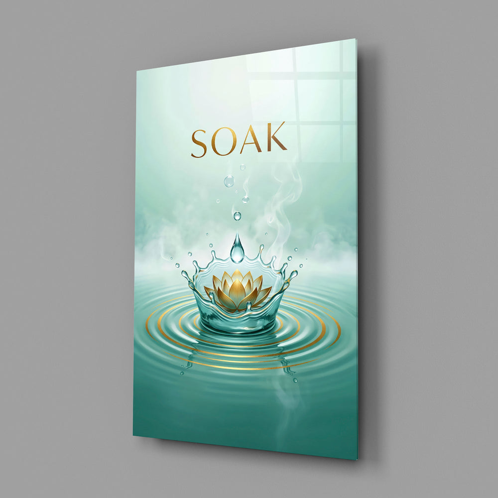 soak golden lotus water crown glass wall art angled to show the polished tempered glass panel