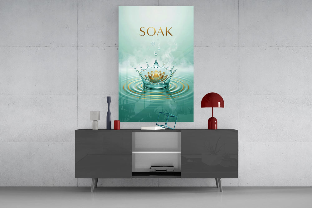 soak golden lotus water crown glass wall art displayed above a console in a designer interior