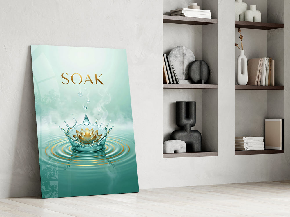 soak golden lotus water crown panel resting in a shelving niche in a modern interior
