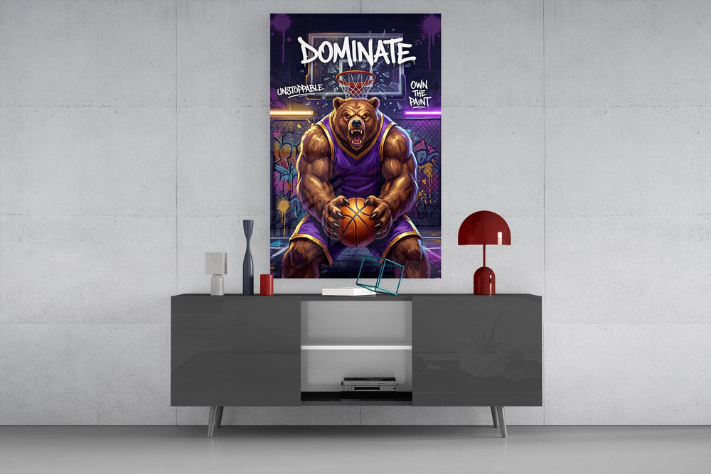 dominate grizzly bear baller glass wall art displayed above a console in a designer interior
