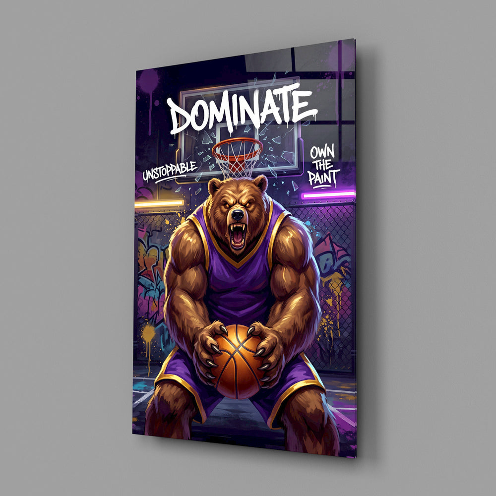 dominate grizzly bear baller glass wall art angled to show the polished tempered glass panel
