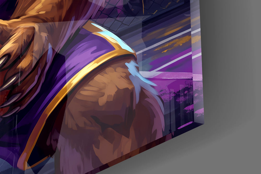 Close-up detail of the roaring grizzly and the shattered backboard behind it on the glass surface
