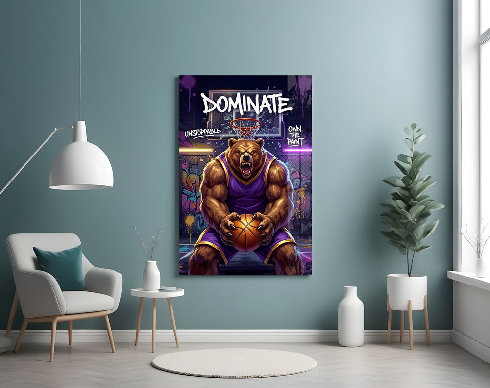 dominate grizzly bear baller glass wall art styled above an armchair in a reading corner