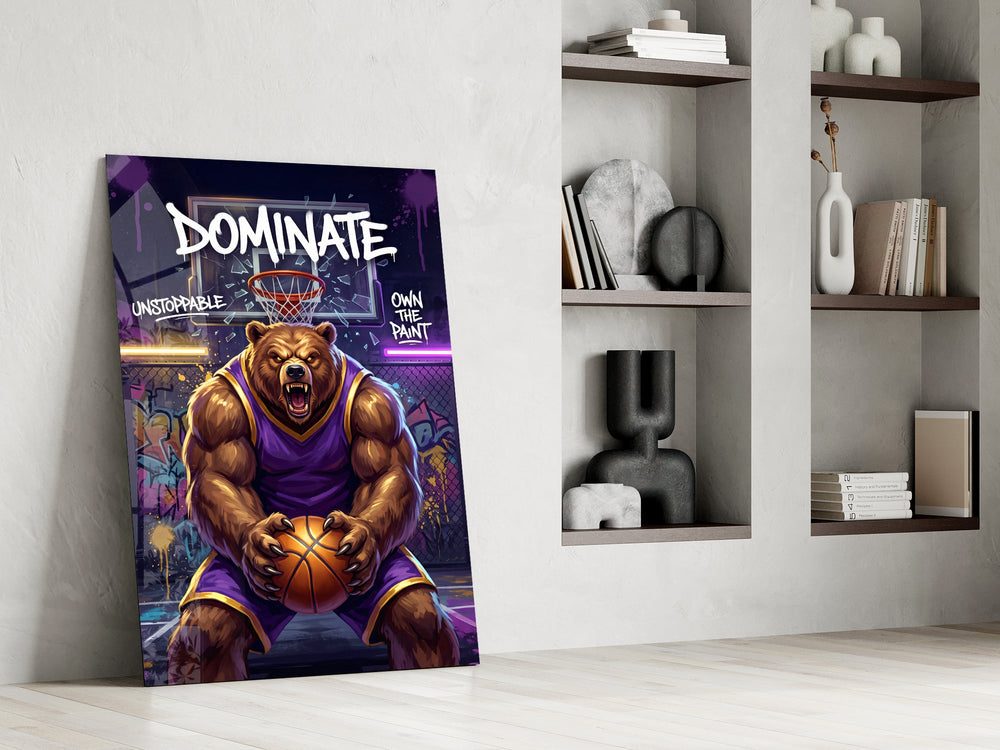 dominate grizzly bear baller panel resting in a shelving niche in a modern interior