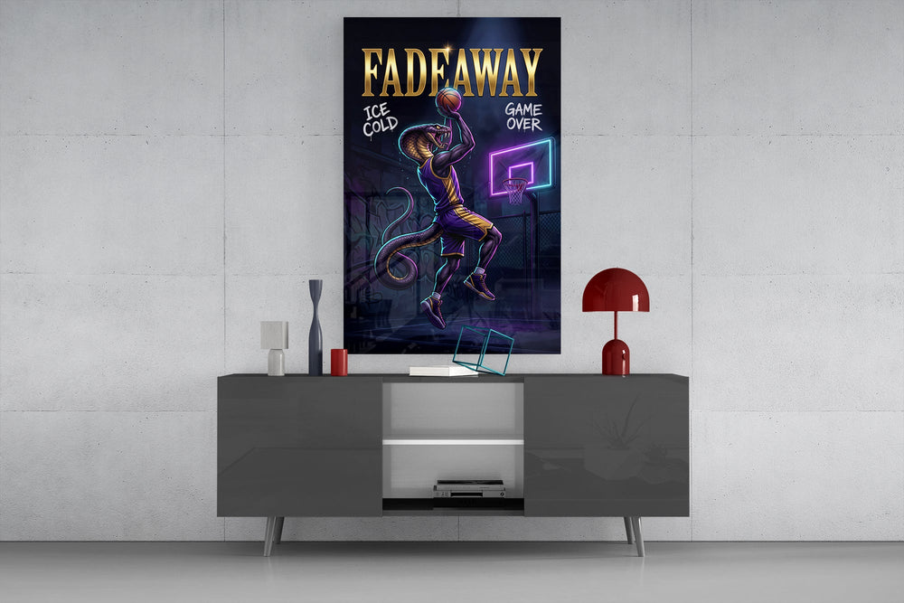 fadeaway cobra baller jump shot glass wall art displayed above a console in a designer interior