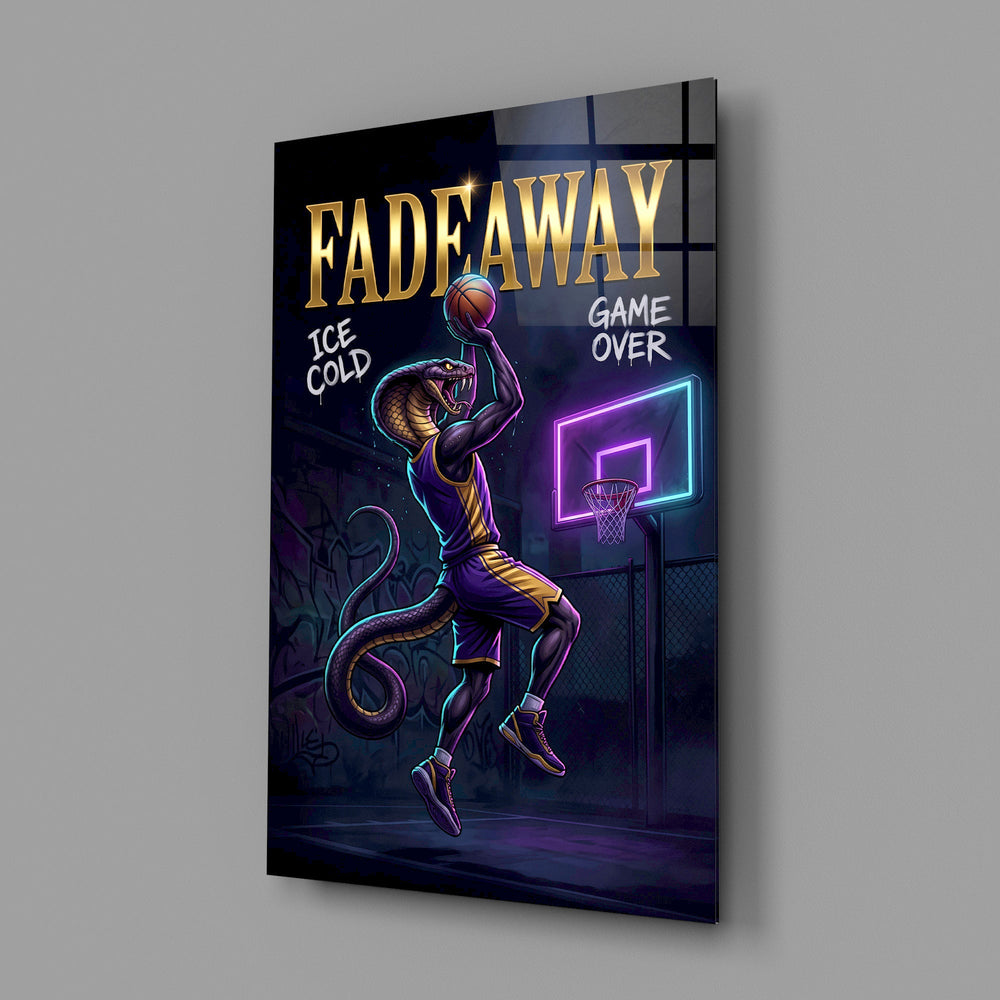 fadeaway cobra baller jump shot glass wall art angled to show the polished tempered glass panel