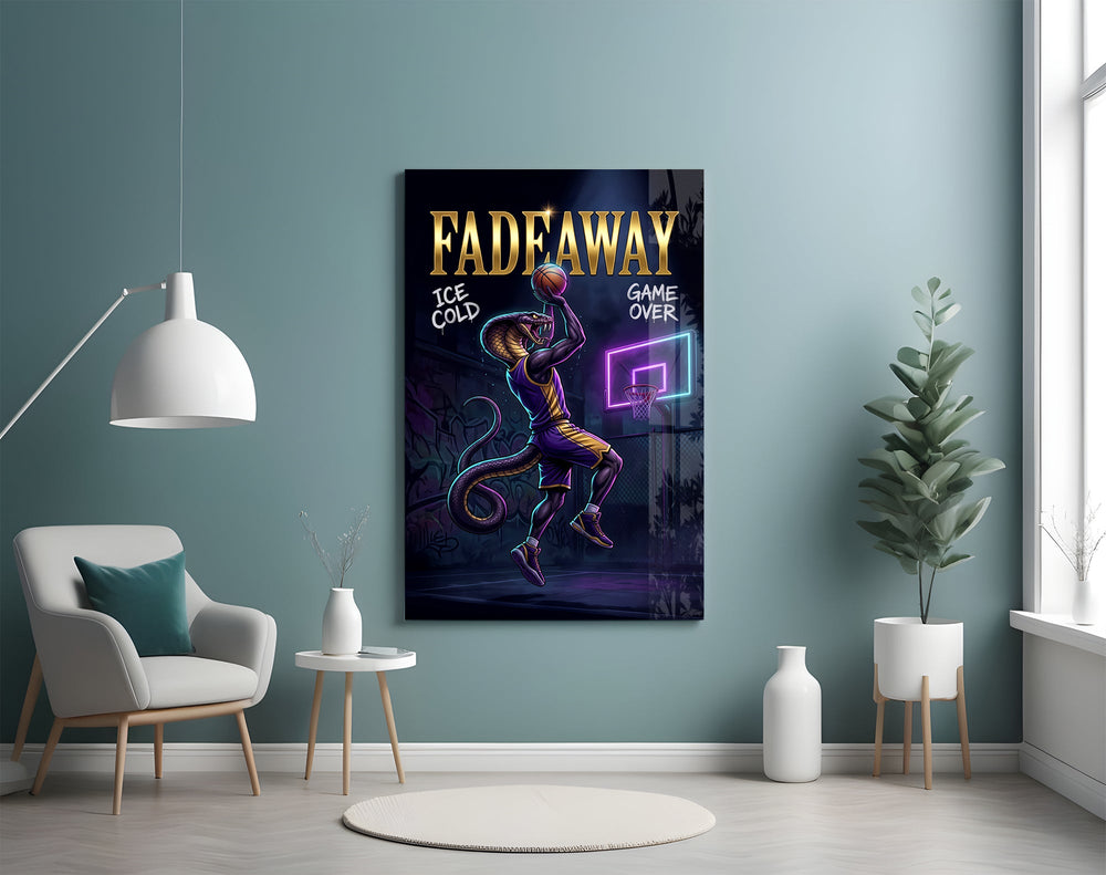fadeaway cobra baller jump shot glass wall art styled above an armchair in a reading corner