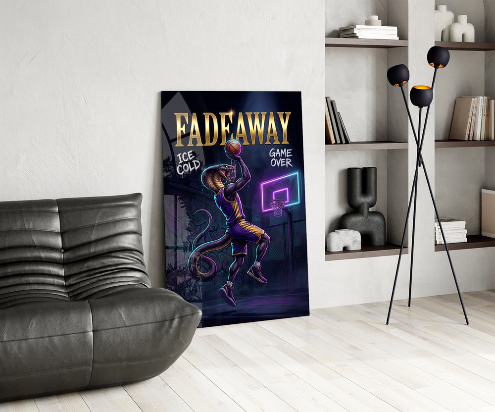 fadeaway cobra baller jump shot glass wall art leaning beside a dark leather sofa