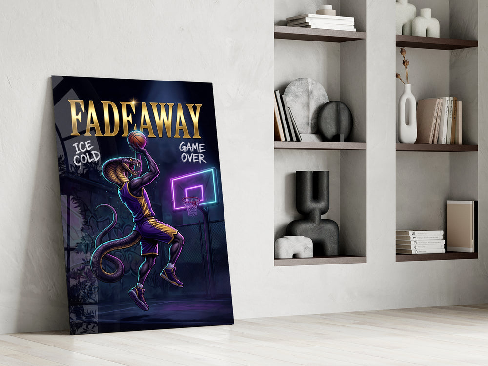 fadeaway cobra baller jump shot panel resting in a shelving niche in a modern interior