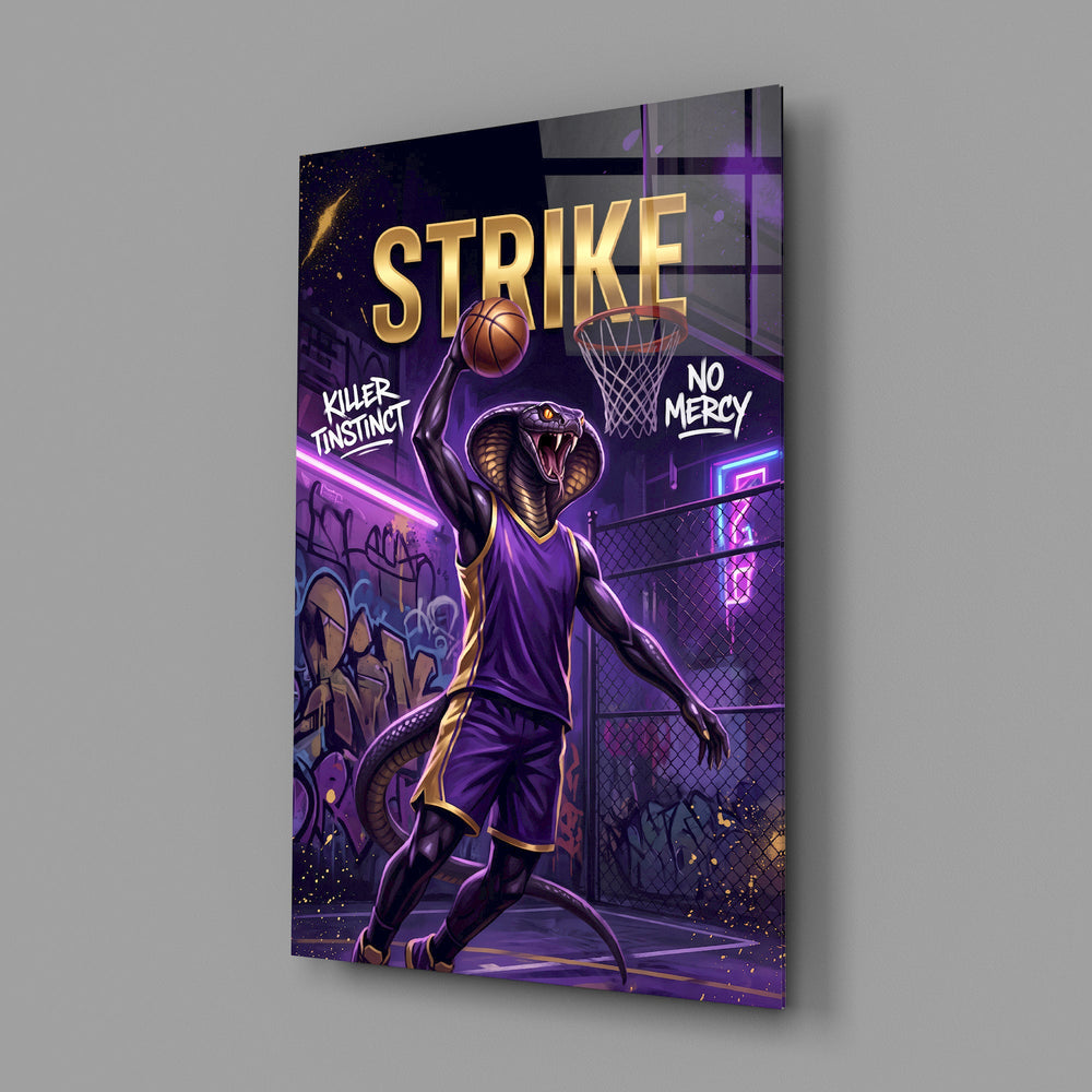 strike cobra baller slam dunk glass wall art angled to show the polished tempered glass panel