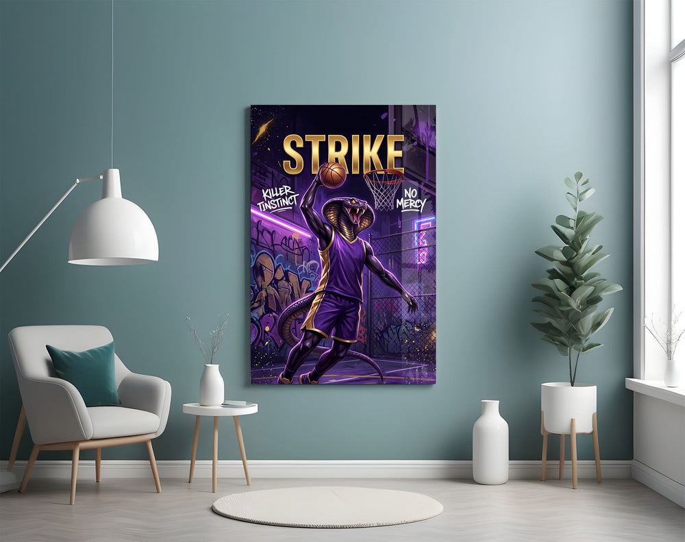 strike cobra baller slam dunk glass wall art styled above an armchair in a reading corner
