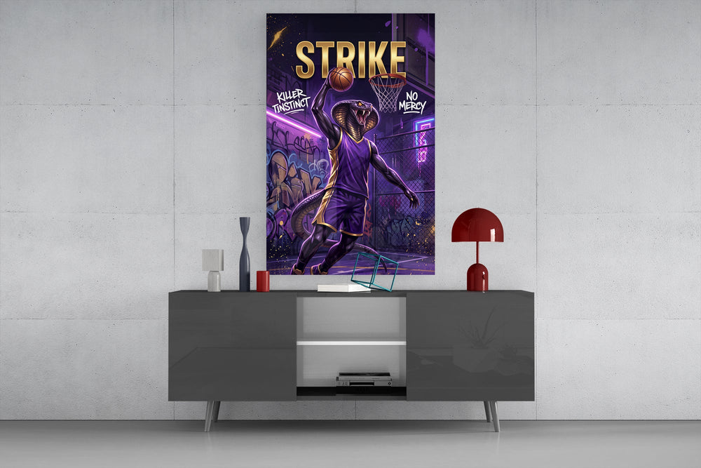 strike cobra baller slam dunk glass wall art displayed above a console in a designer interior