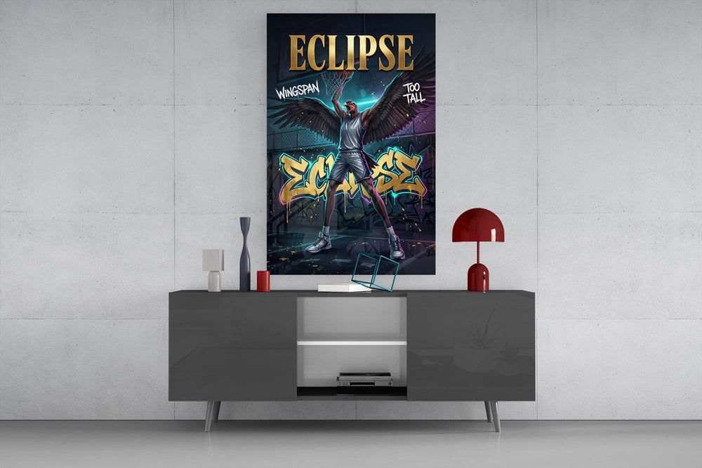 eclipse black-winged raptor baller glass wall art displayed above a console in a designer interior
