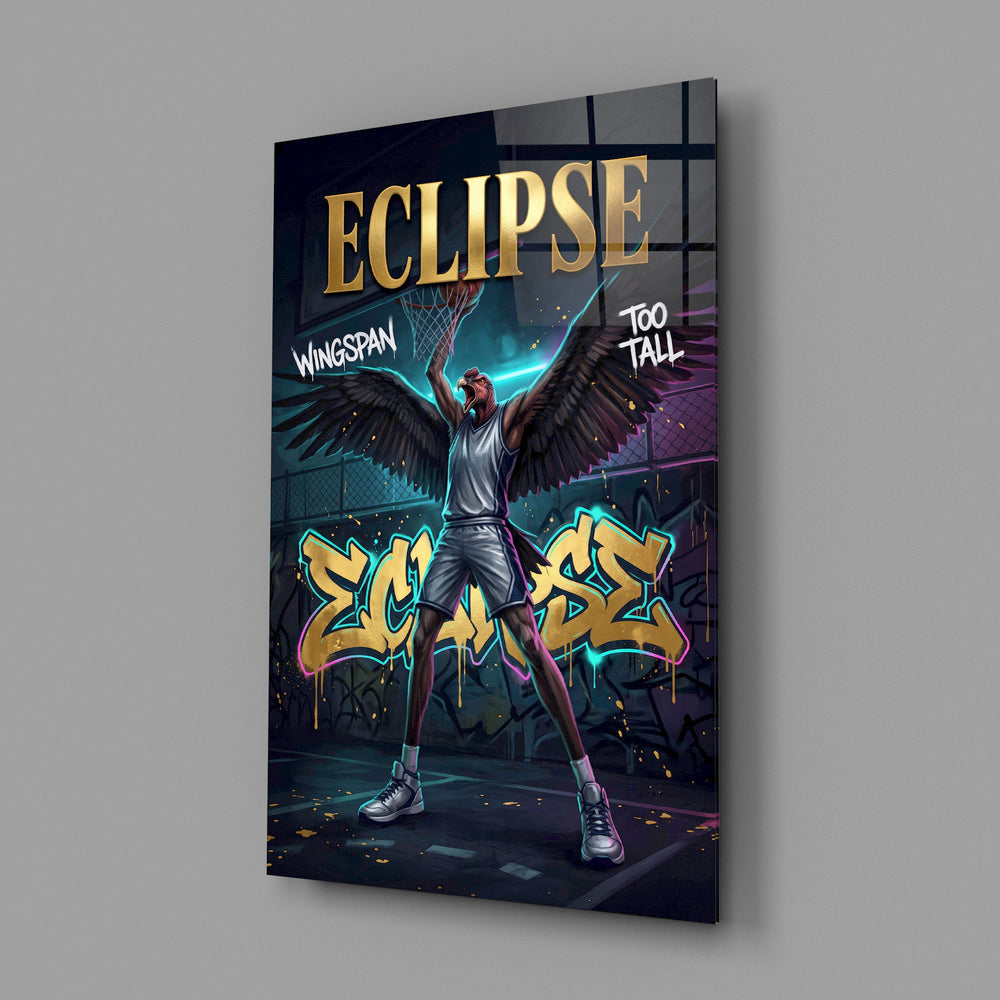 eclipse black-winged raptor baller glass wall art angled to show the polished tempered glass panel