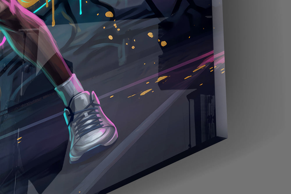 Close-up detail of the spread black wings and the raptor head mid-dunk on the glass surface