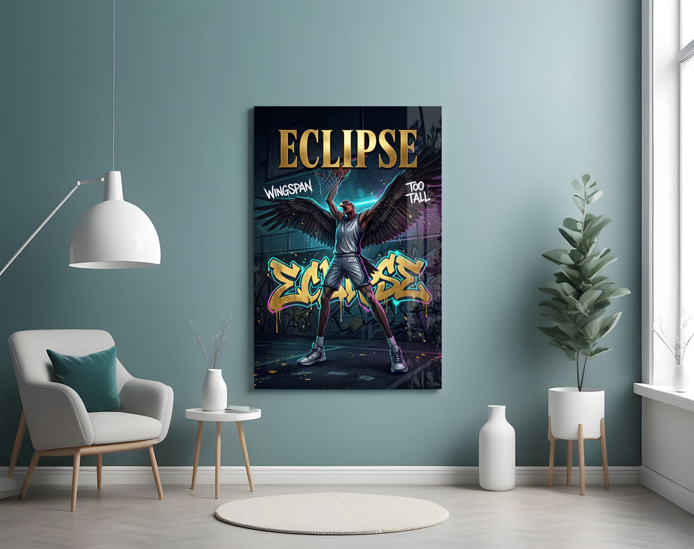 eclipse black-winged raptor baller glass wall art styled above an armchair in a reading corner