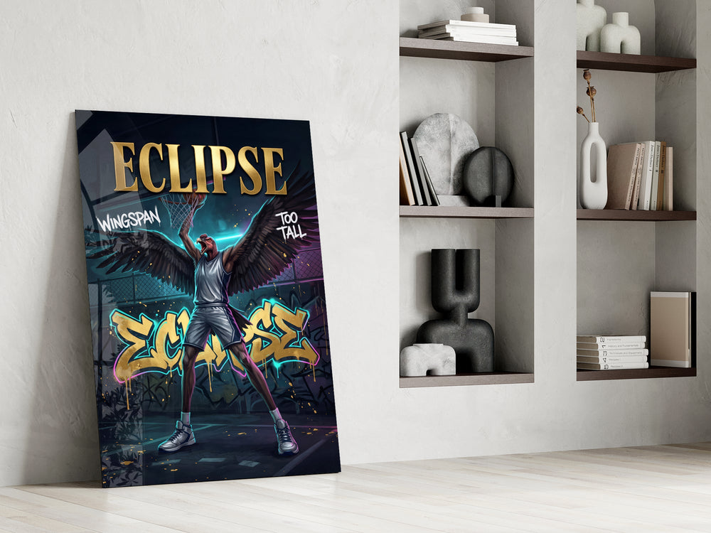 eclipse black-winged raptor baller panel resting in a shelving niche in a modern interior