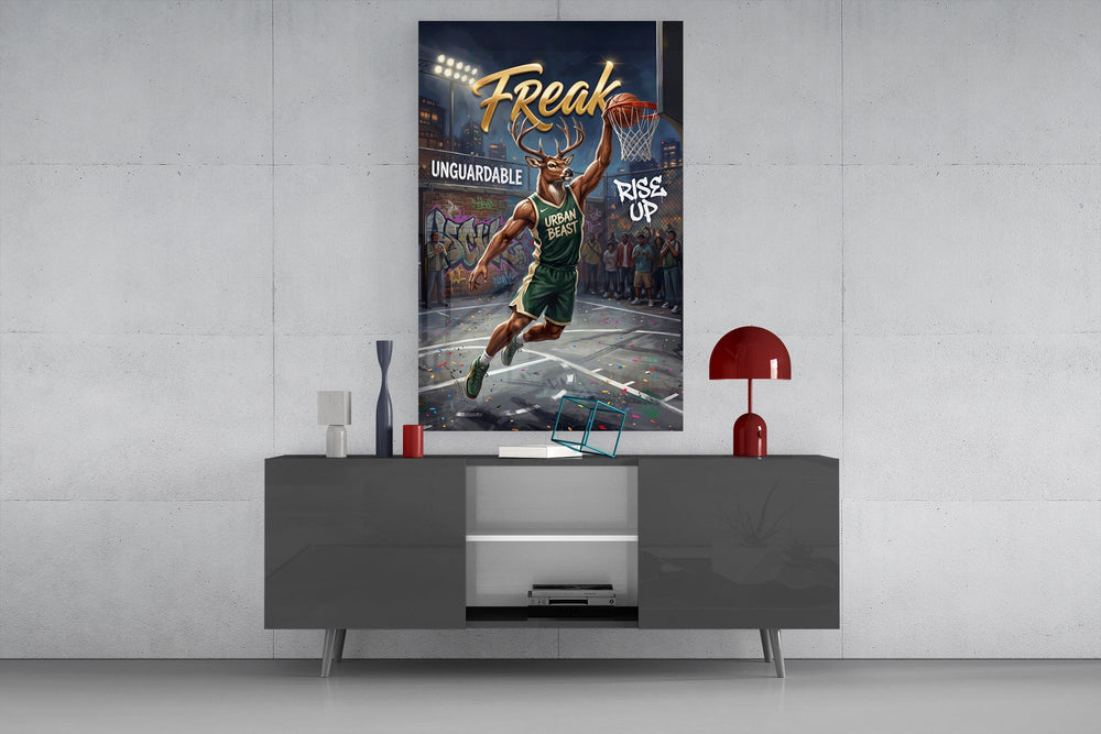 freak antlered stag baller glass wall art displayed above a console in a designer interior