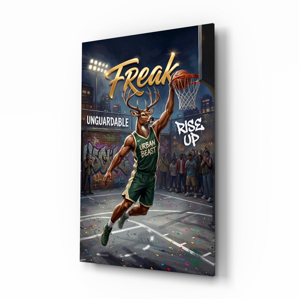 Freak Antlered Stag Baller Glass Wall Art - Lifestyle preview in a designer interior