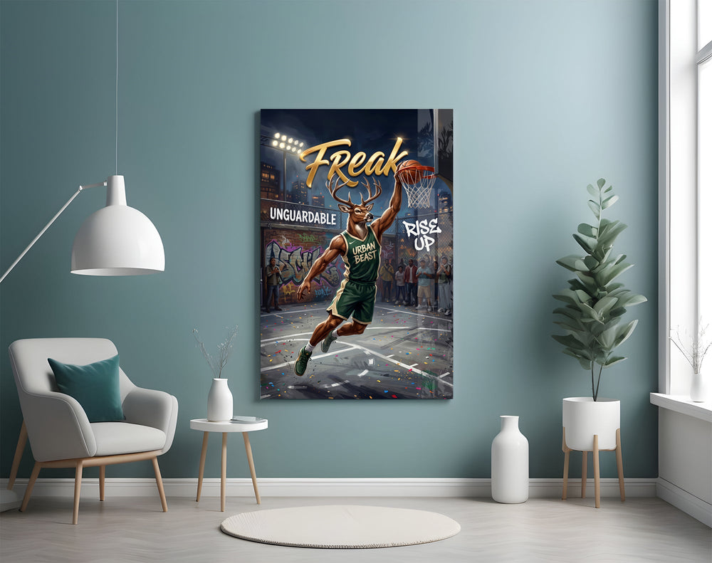 freak antlered stag baller glass wall art styled above an armchair in a reading corner