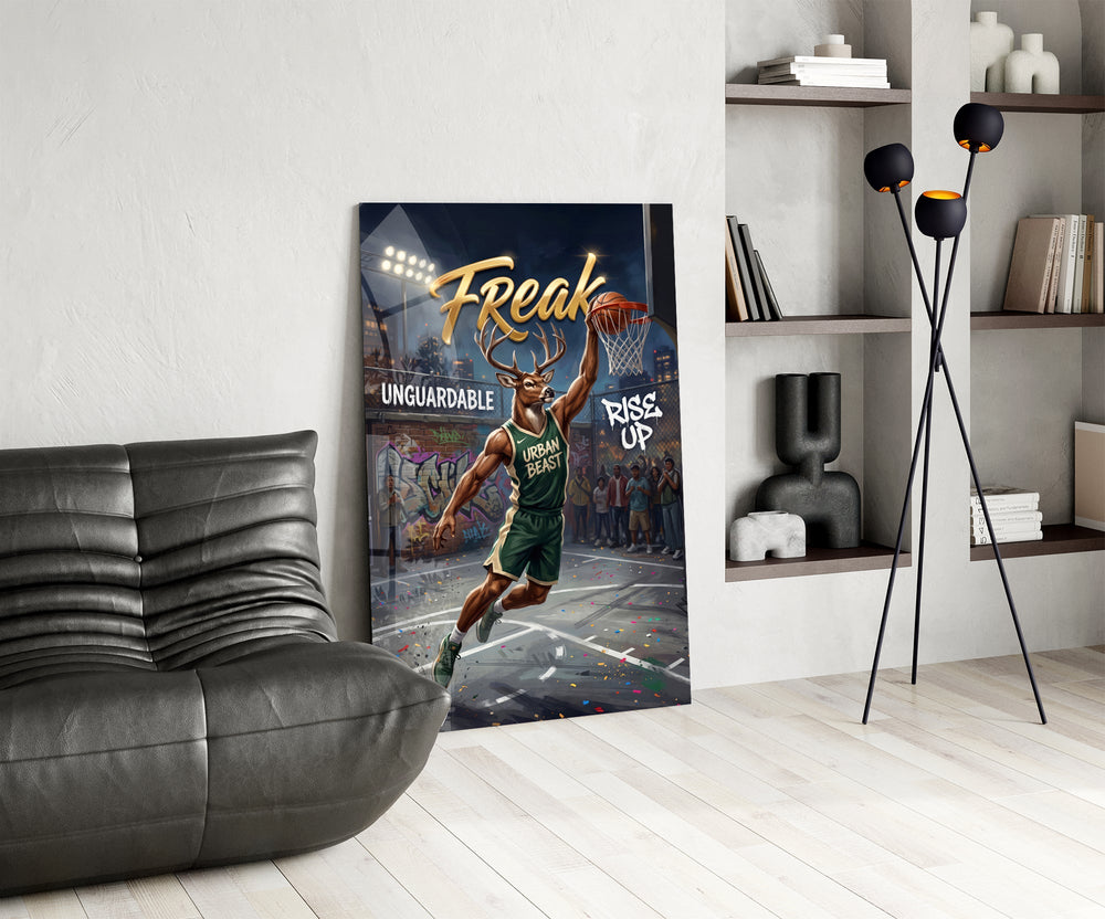 freak antlered stag baller glass wall art leaning beside a dark leather sofa