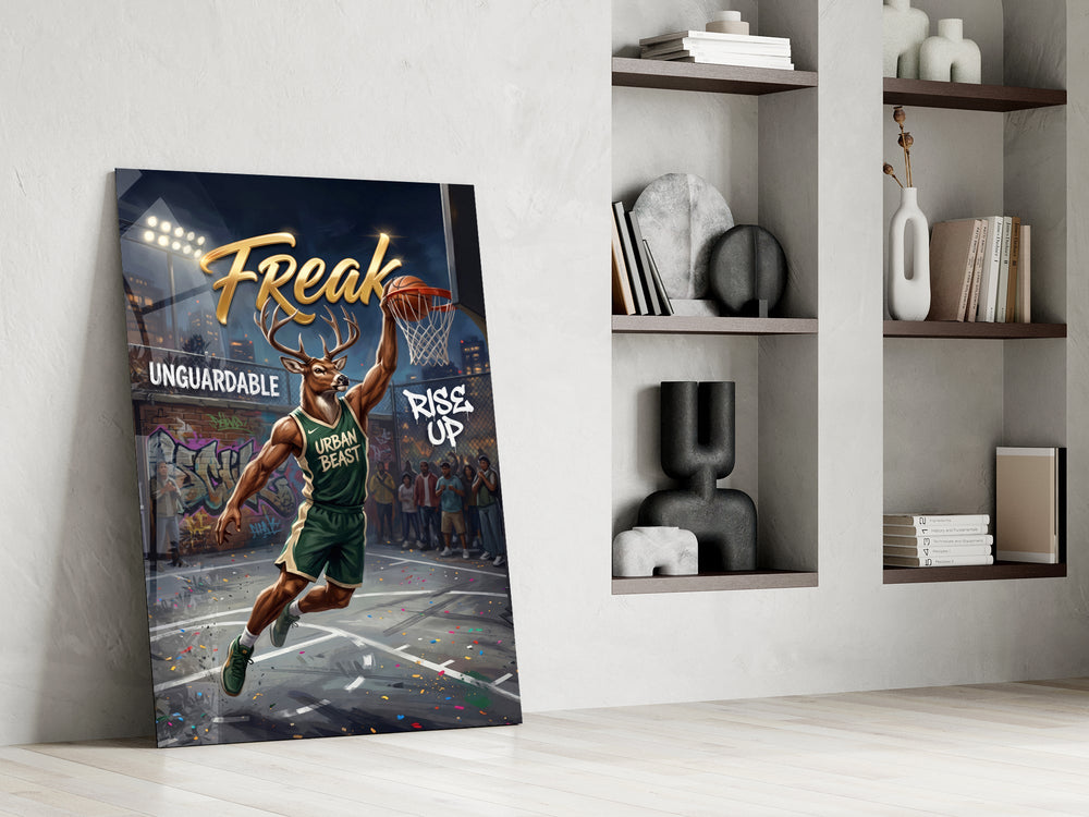 freak antlered stag baller panel resting in a shelving niche in a modern interior