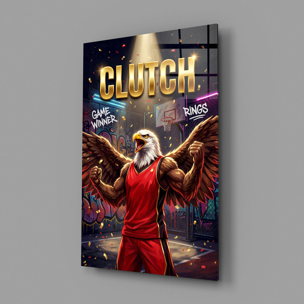clutch bald eagle baller victory glass wall art angled to show the polished tempered glass panel