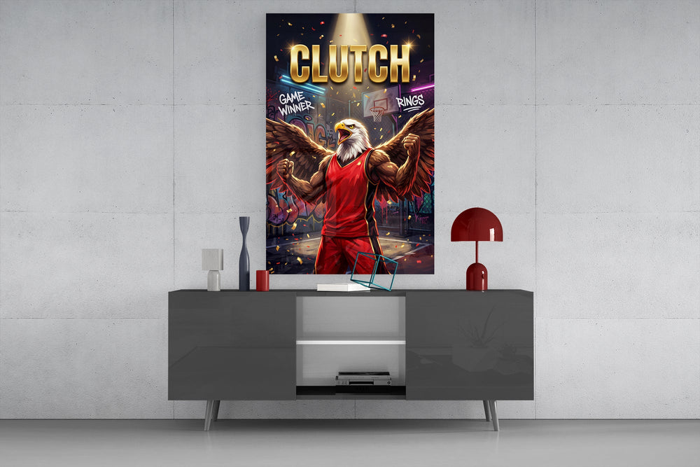 clutch bald eagle baller victory glass wall art displayed above a console in a designer interior