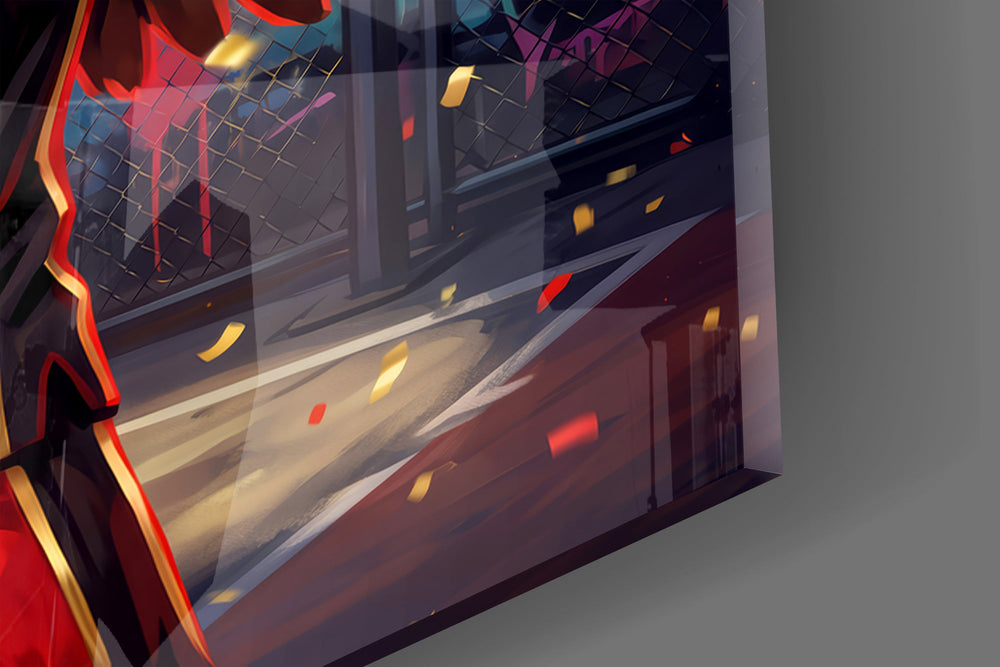Close-up detail of the spread eagle wings and clenched celebration fists on the glass surface