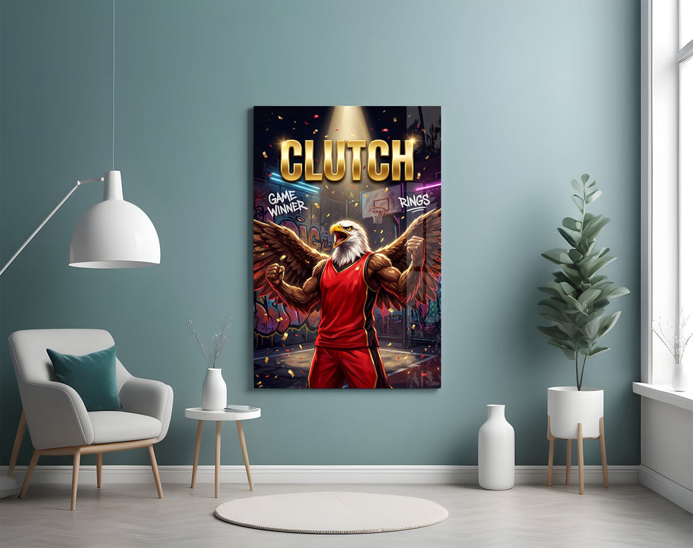 clutch bald eagle baller victory glass wall art styled above an armchair in a reading corner