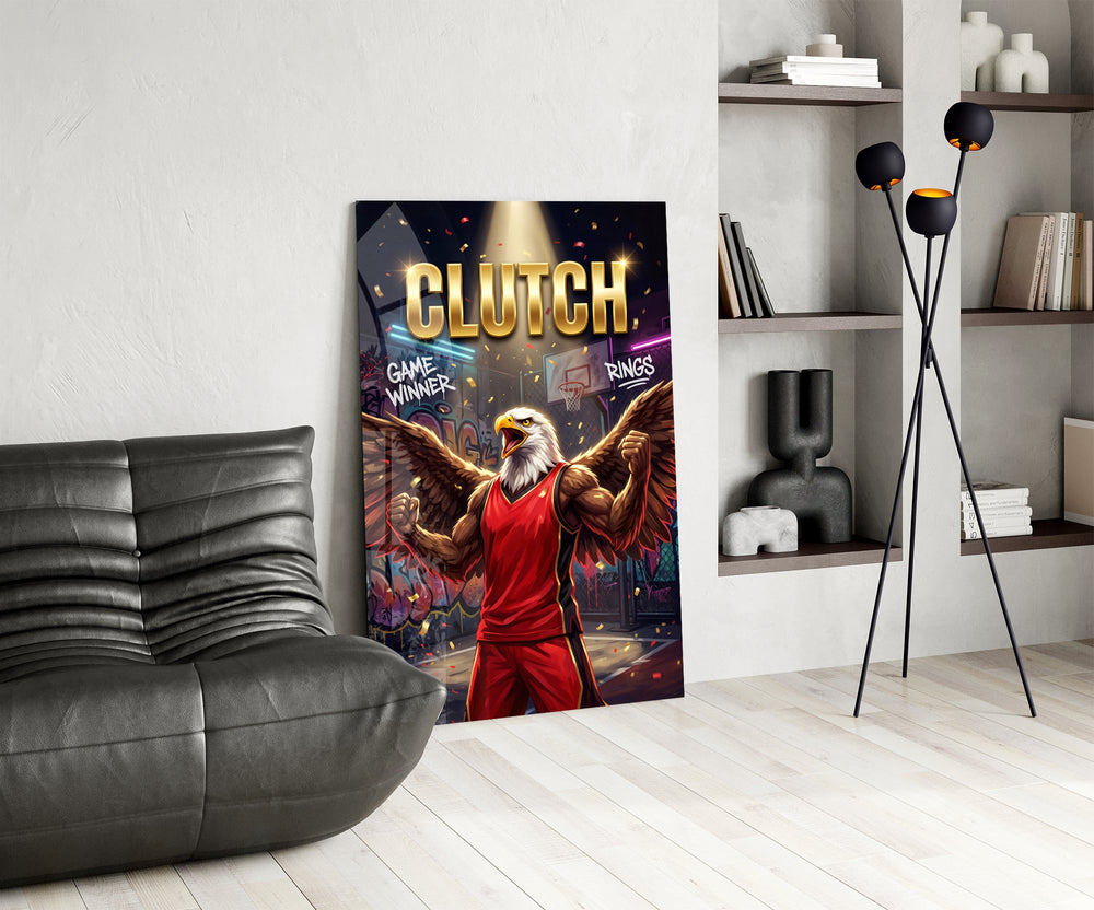 clutch bald eagle baller victory glass wall art leaning beside a dark leather sofa