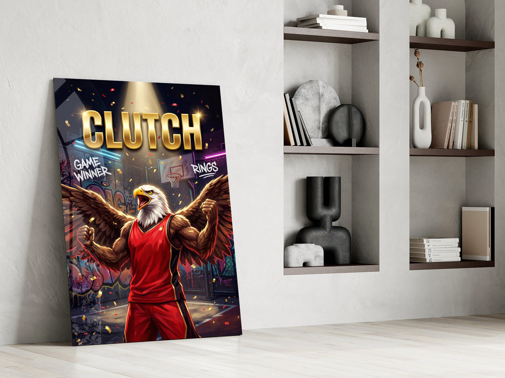 clutch bald eagle baller victory panel resting in a shelving niche in a modern interior