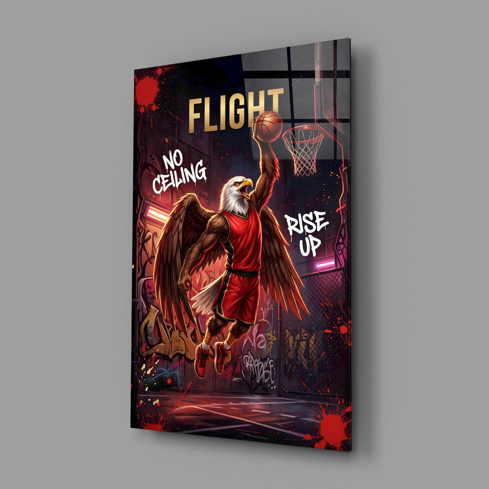 flight bald eagle baller slam dunk glass wall art angled to show the polished tempered glass panel