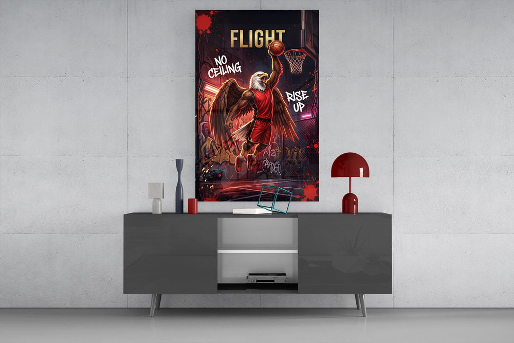 flight bald eagle baller slam dunk glass wall art displayed above a console in a designer interior