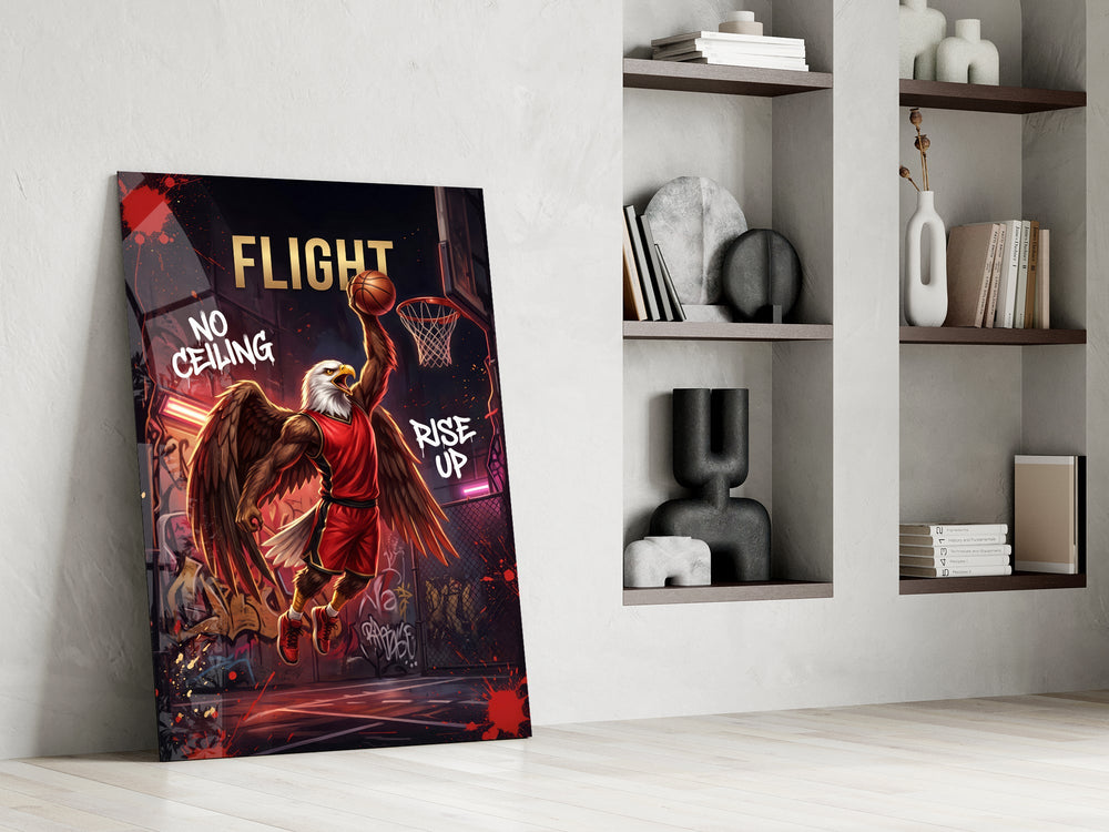 flight bald eagle baller slam dunk panel resting in a shelving niche in a modern interior