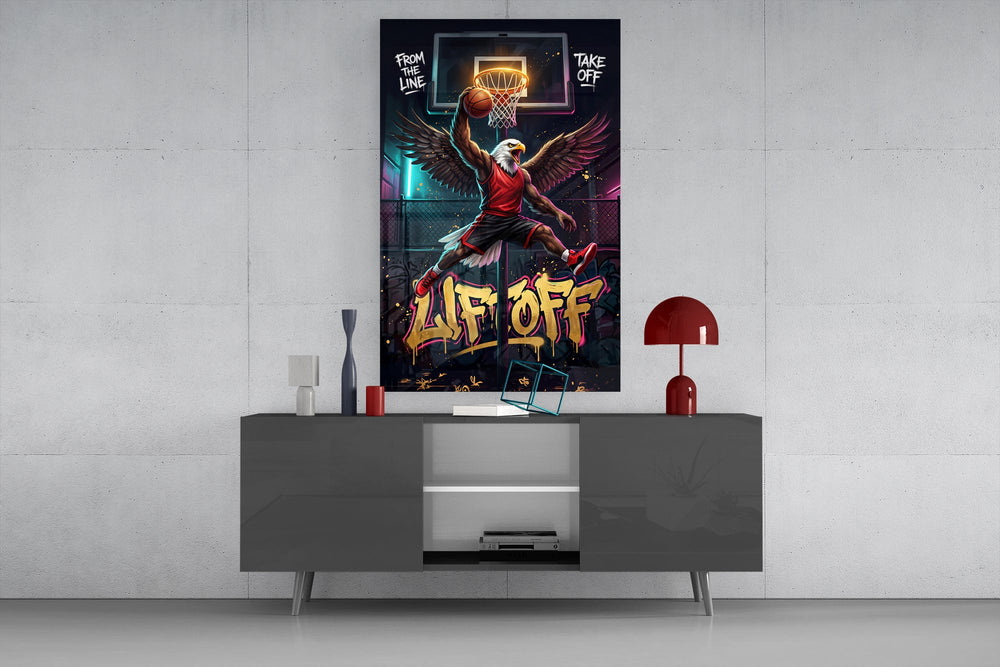 eagle basketball player dunking glass wall art displayed above a console in a designer interior