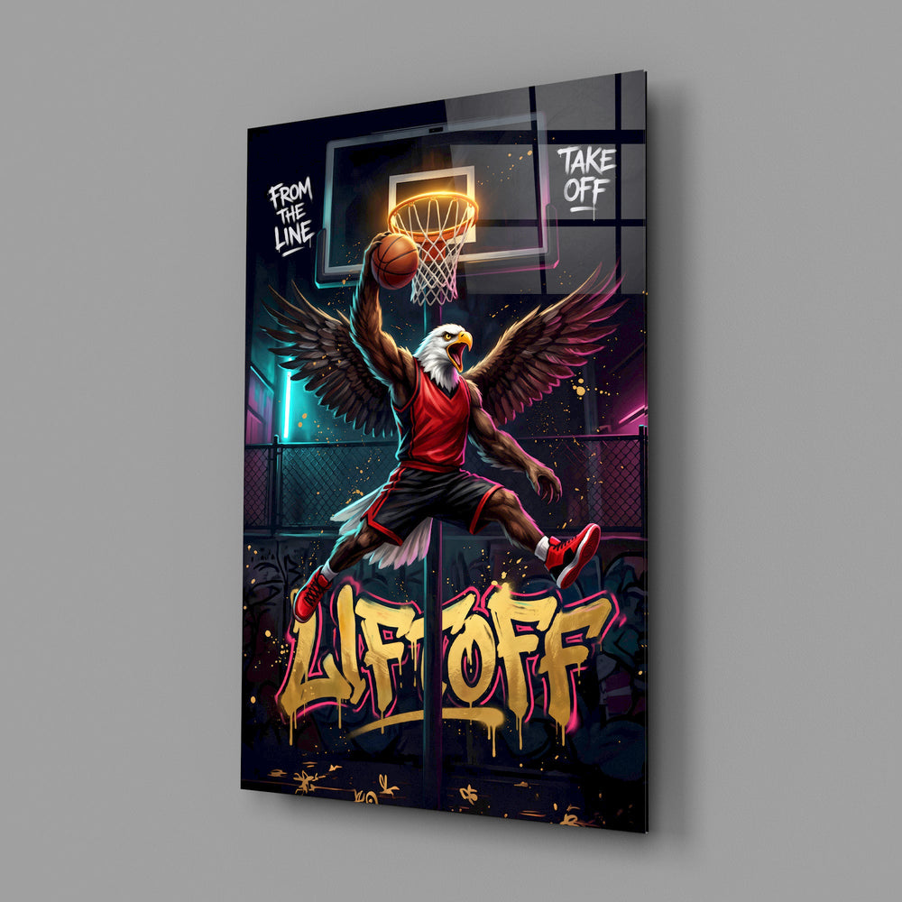 eagle basketball player dunking glass wall art angled to show the polished tempered glass panel