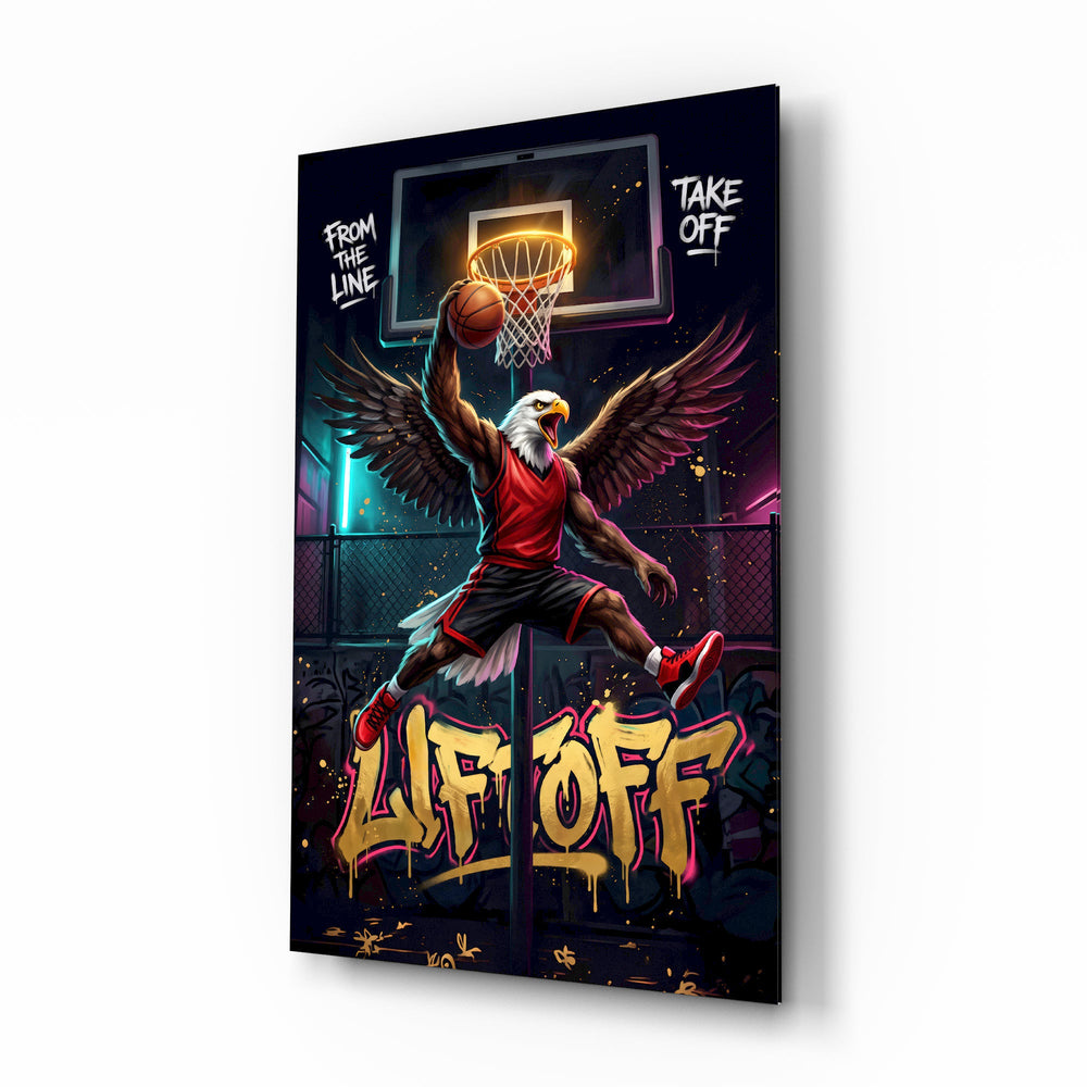 Liftoff Red Eagle Basketball Dunk Glass Wall Art - Lifestyle preview in a designer interior
