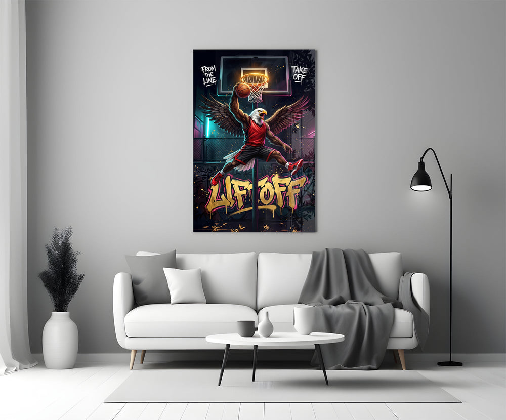 eagle basketball player dunking panel bringing character to a minimalist living room wall