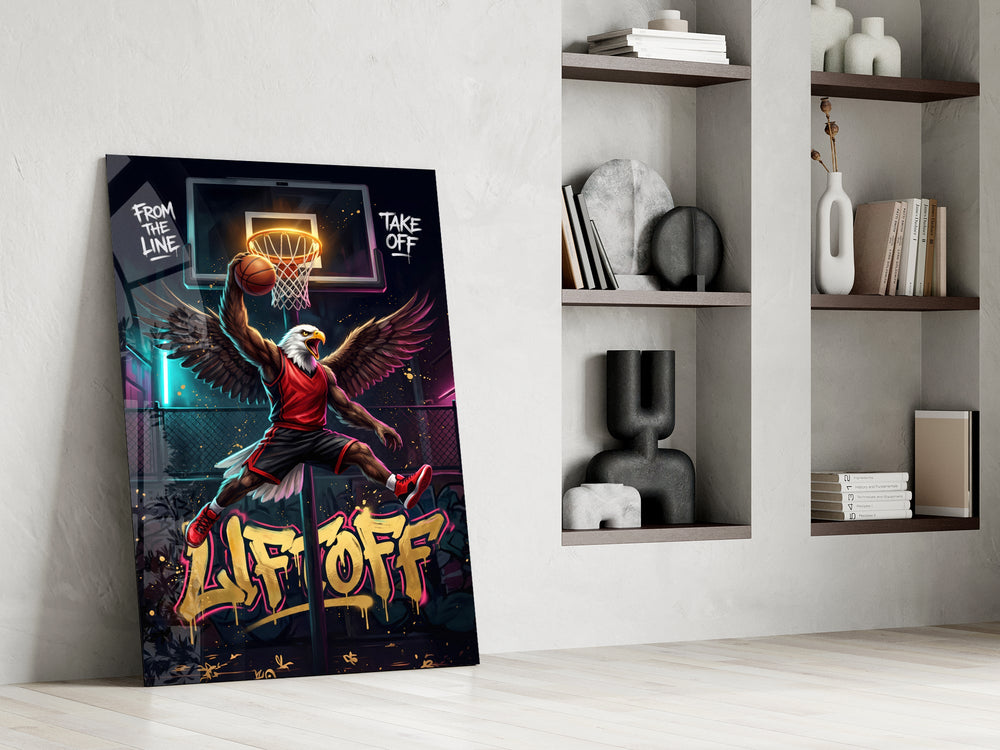 eagle basketball player dunking panel resting in a shelving niche in a modern interior