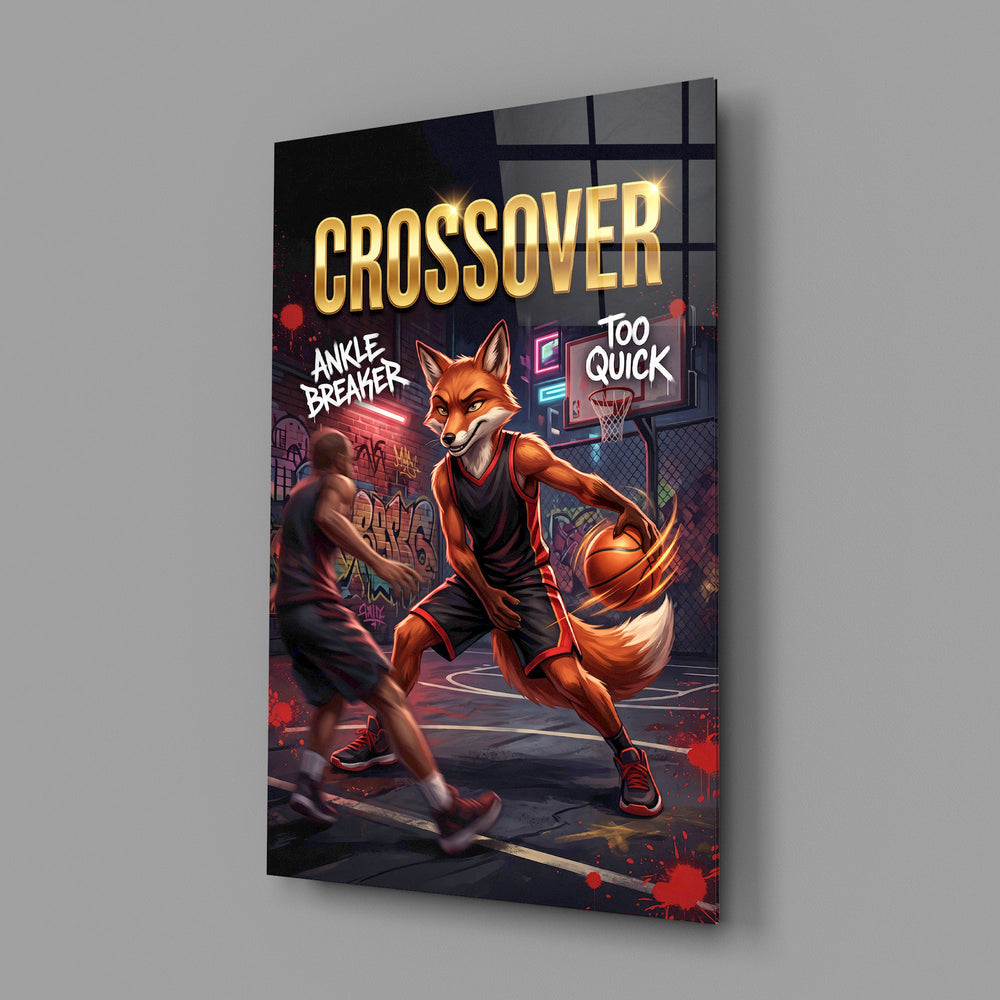 fox basketball player crossing over a defender glass wall art angled to show the polished tempered glass panel