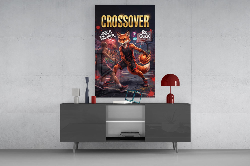 fox basketball player crossing over a defender glass wall art displayed above a console in a designer interior