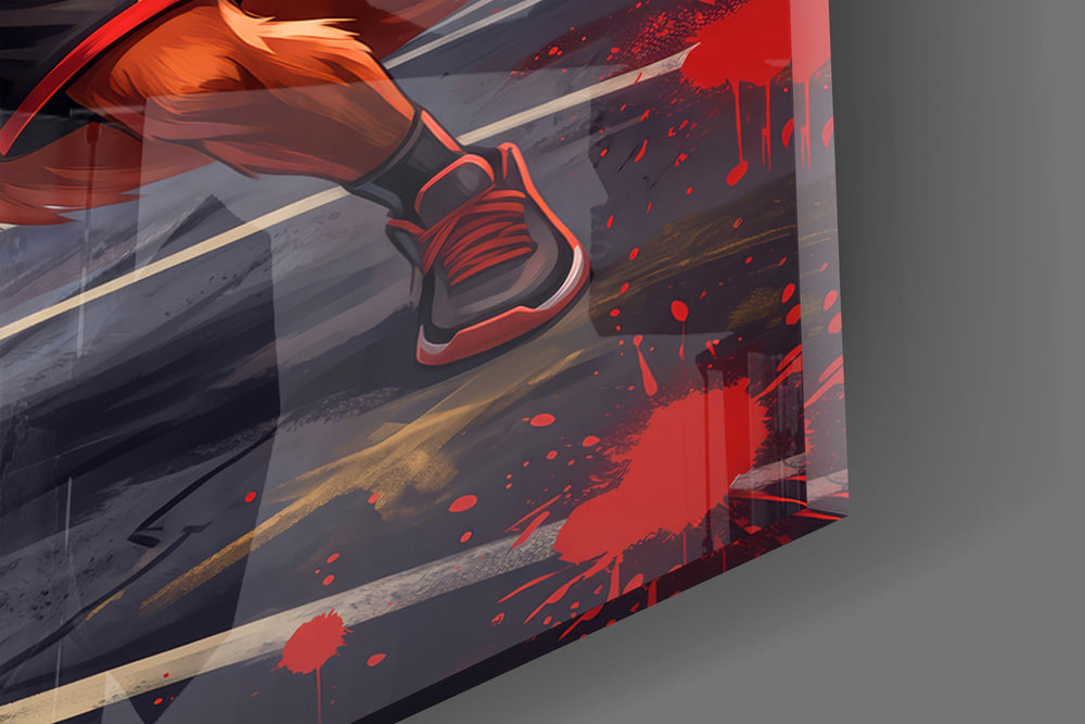 Close-up detail of the fox's low crossover dribble and the streaking motion-blurred ball on the glass surface