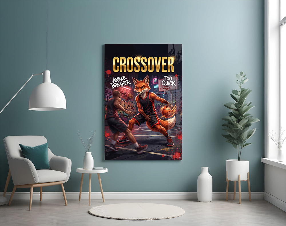 fox basketball player crossing over a defender glass wall art styled above an armchair in a reading corner