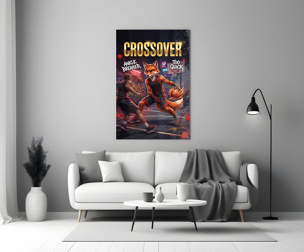 fox basketball player crossing over a defender panel bringing character to a minimalist living room wall
